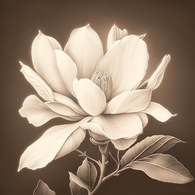 White magnolia flower style pencil drawing colored image AI generated art