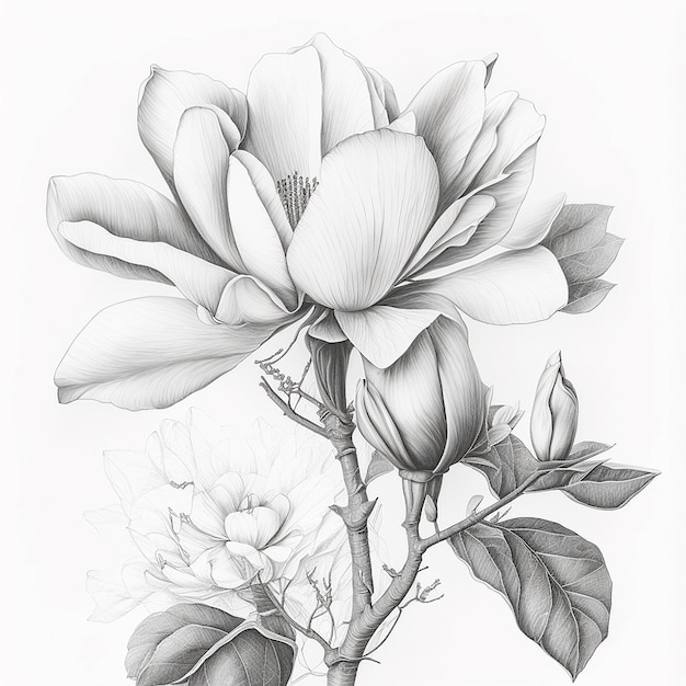 White magnolia flower style pencil drawing colored image AI generated art