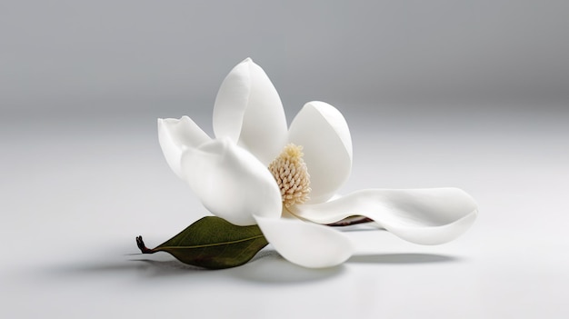 A white magnolia flower with a green leaf on it