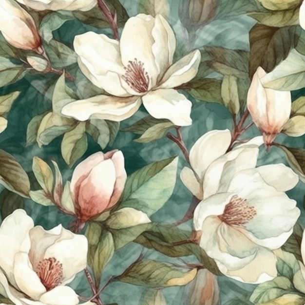 White magnolia flowers on a green background. watercolor. seamless pattern.