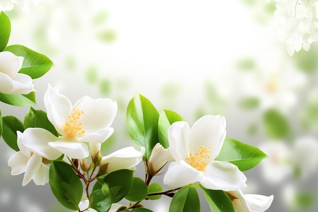 White magnolia flowers with green leaves on a blurred background Spring background