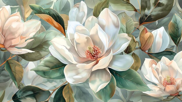 White magnolia flowers with green leaves Floral background Botanical illustration