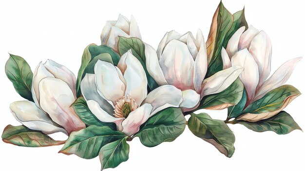 White magnolia flowers with green leaves The flowers are large and have a soft velvety texture The leaves are dark green and have a glossy sheen