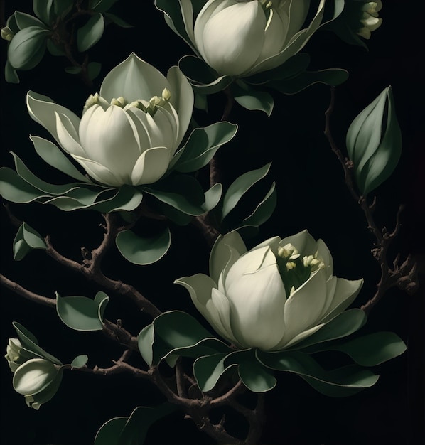 Фото Белые магнолии декоративная цифровая 2d живопись цветная настенная плакат генеративный ии