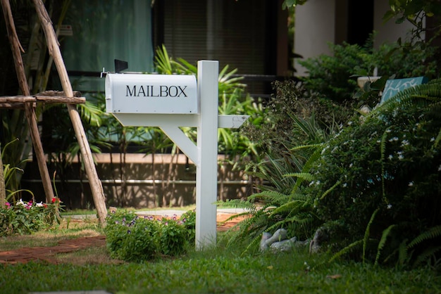 White mailbox there are green bushes