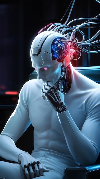 White male cyborg thinking and touching his head