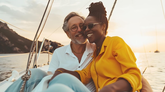 Photo a white man and a black woman sailing on a sailboat at sunset