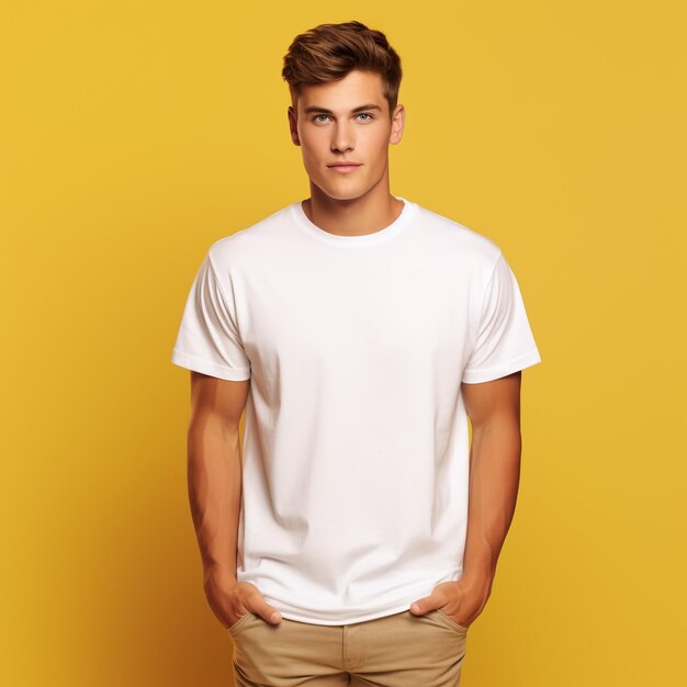 White man in blank white tshirt empty male t shirt mockup copy space white tshirt for design