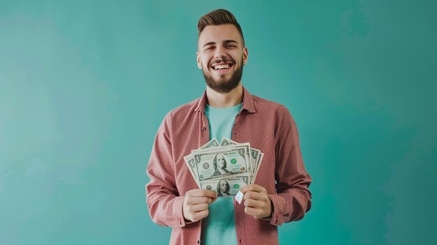 a white man holding cash in his hands with smile on his face full upper body