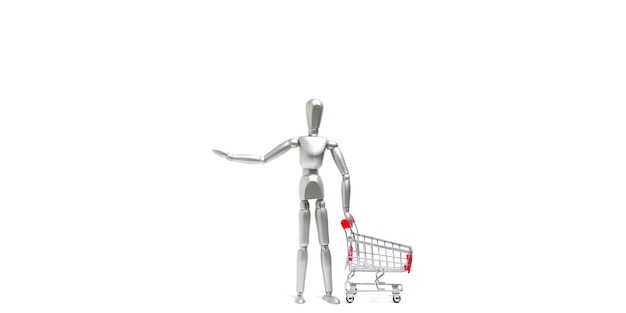 White mannequin stands in front shopping cartConcept going supermarket and to store