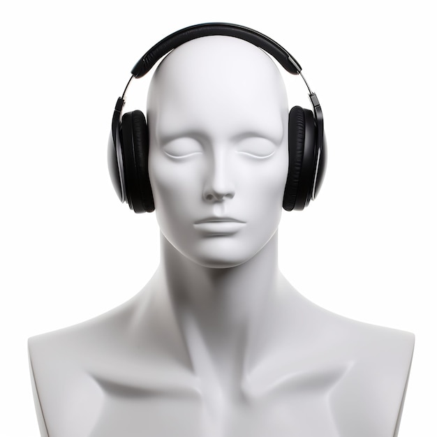 a white mannequin wearing headphones with a white background