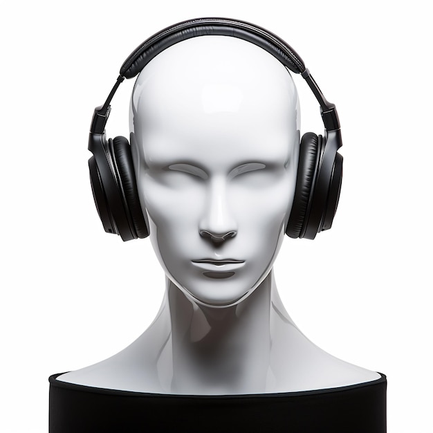 a white mannequin with headphones on display