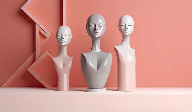 Photo white mannequins set on pink pedestals in the style of eyecatching resin jewelry