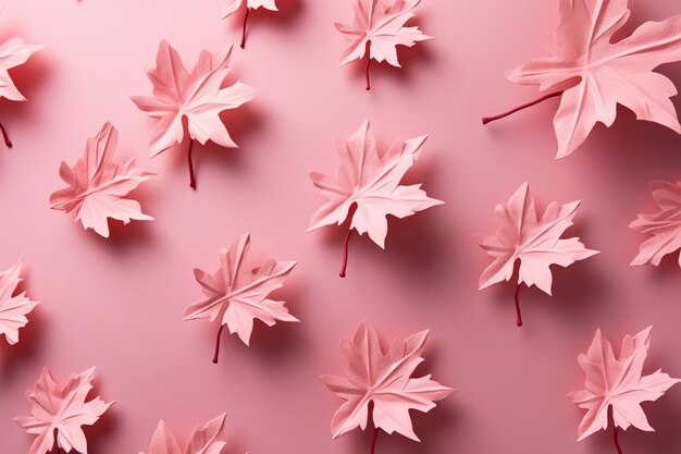 White maple leaves falling on pink background with selective focus