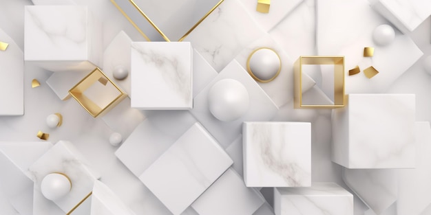A white marble background with a set of cubes and a gold box.