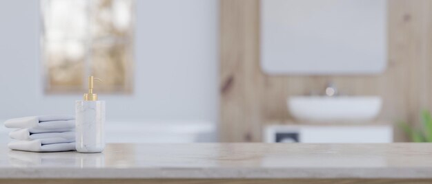 White marble bathroom countertop with copy space over blurred bathroom in background