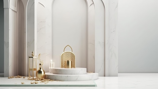 A white marble bathroom with a gold lamp on the table.