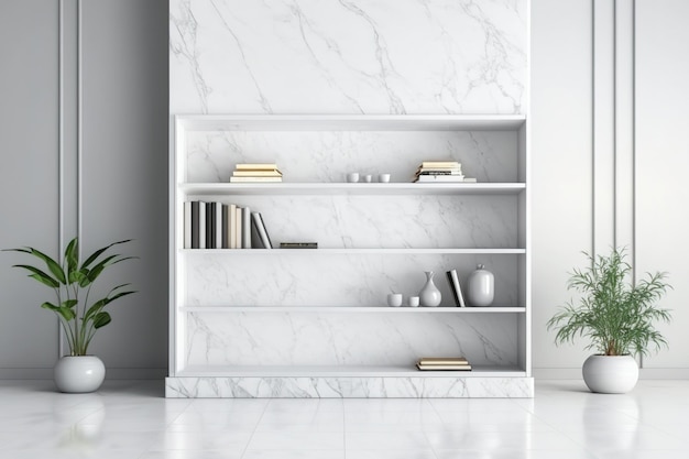 White marble bookshelf with marble tiles for business and education