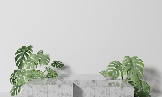 white marble box podium with leaves in white background 3d rendering