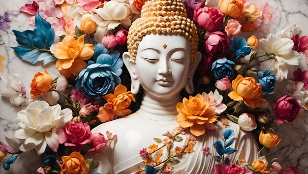 美しく咲き誇る花々が特徴的な白大理石の仏像