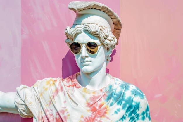 Foto busto in marmo bianco di david che indossa occhiali da sole verdi e una maglietta multicolore alla moda