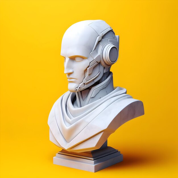 A white marble bust of robot on a yellow background 3d