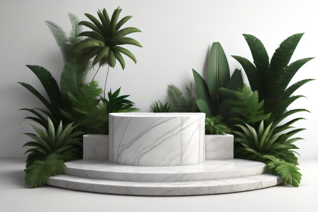 white marble cylinder podium green leaves in white background