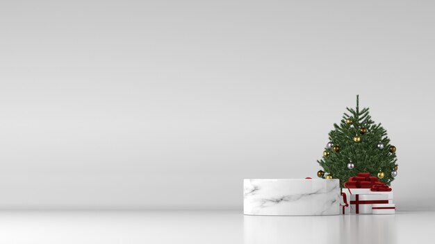 White marble cylinder podium with Christmas decorations