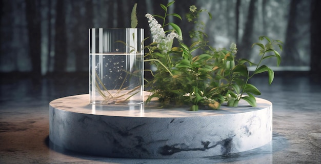 White marble cylinder in water with plants