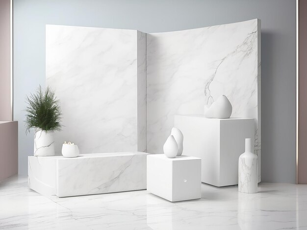 a white marble display with a plant on it