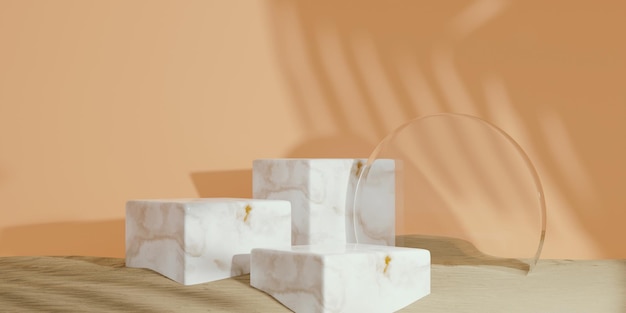製品のプレゼンテーションのためのパステルカラーの背景シーンにガラスの円と白い大理石のエレガントな表彰台。 3Dイラスト
