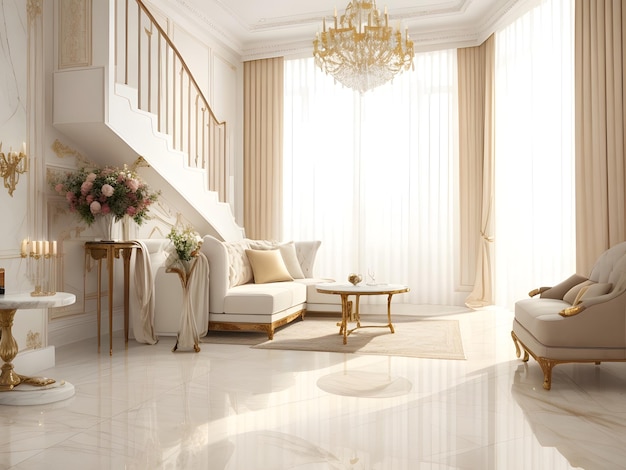 Белая мраморная напольная плитка в роскошной гостиной с коричневой стеной и бежевым угловым диваном