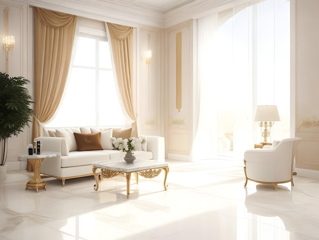 White marble floor tile in brown wall hall luxury living room with beige corner sofa side table