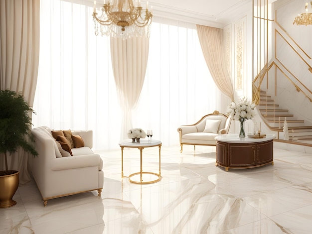 White marble floor tile in brown wall hall luxury living room with beige corner sofa side table