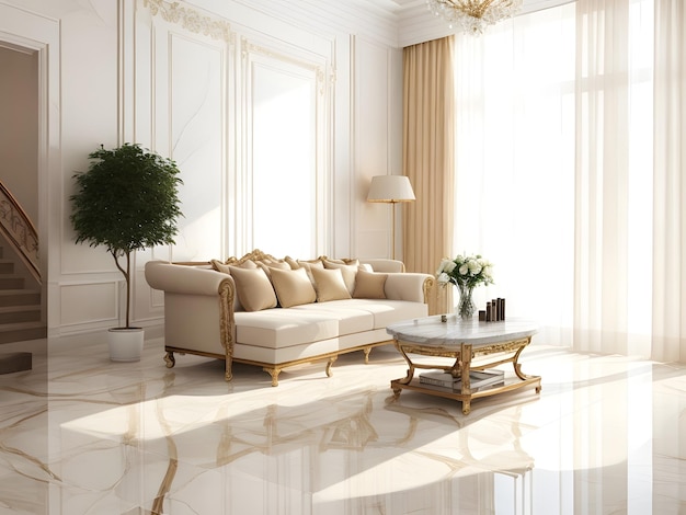 Белая мраморная напольная плитка в роскошной гостиной с коричневой стеной и бежевым угловым диваном