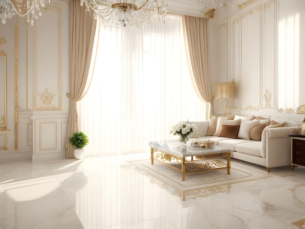 White marble floor tile in brown wall hall luxury living room with beige corner sofa side table