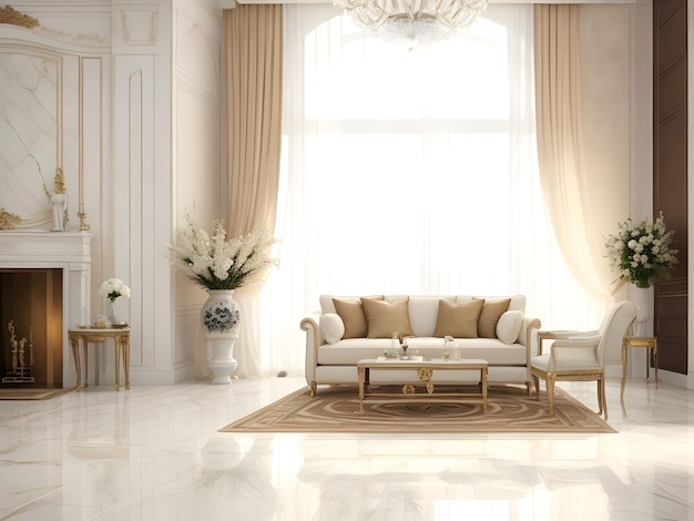 White marble floor tile in brown wall hall luxury living room with beige corner sofa side table