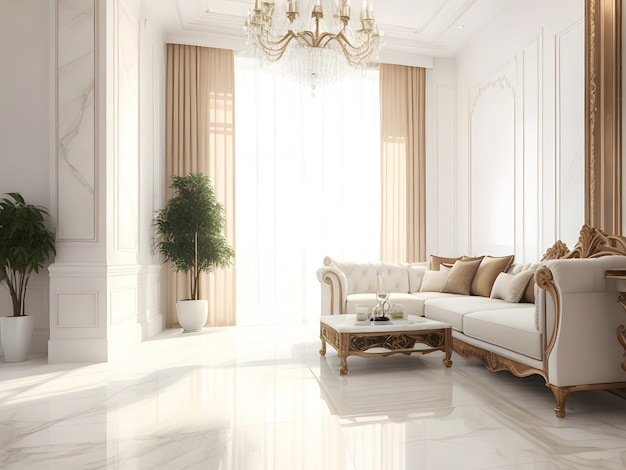 White marble floor tile in brown wall hall luxury living room with beige corner sofa side table