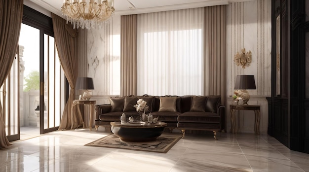 White marble floor tile in brown wall hall luxury living room with beige corner sofa side table