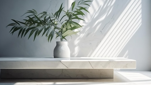 A white marble floor with a plant in a vase.