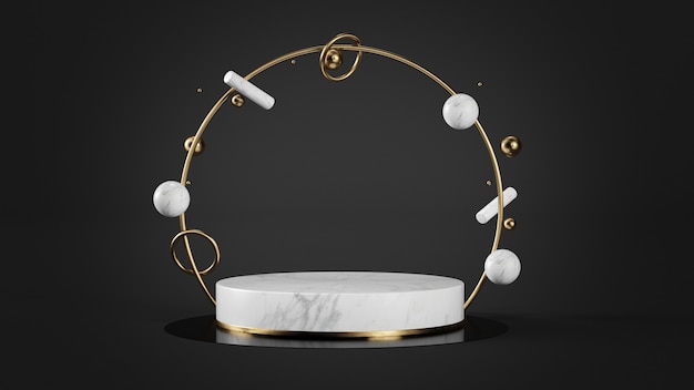 White marble and gold pedestal with golden ring and geometric shapes mock up 3d rendering