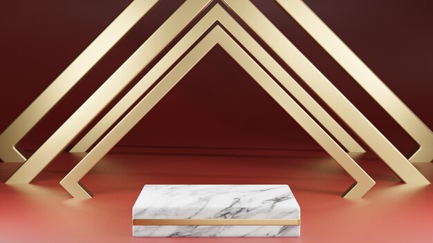 white marble and gold square shape pedestal with gold decoration on red background