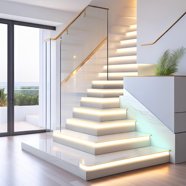 White marble L shape floating stairs led stripe light under tread staircase tempered glass panel b