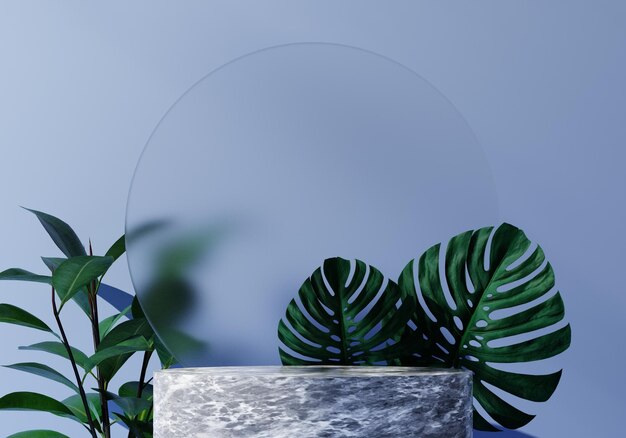 white marble pedestal podium mockup, blue wall backdrop with natural leaf, plant, product platform