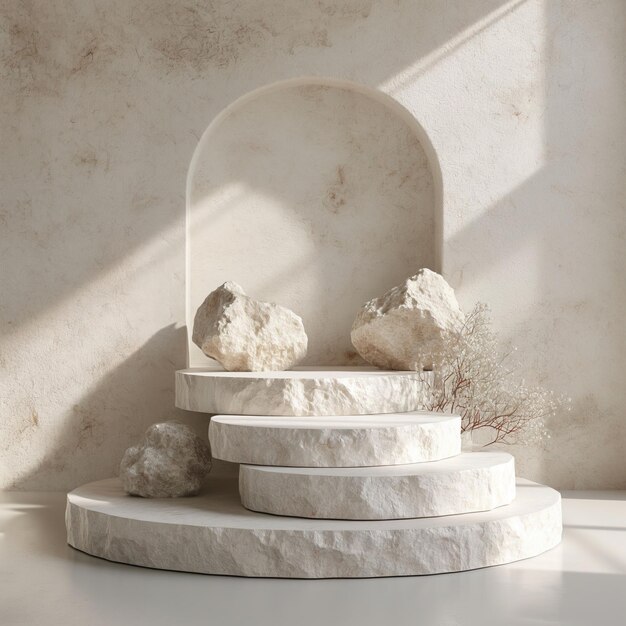 Photo white marble pedestal in a room with white walls