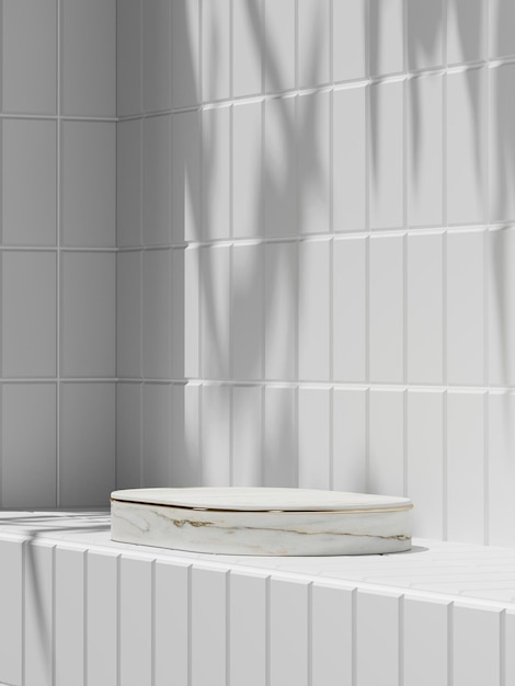 Photo white marble platform with white top on white tiles in a sunny bathroom 3d rendering