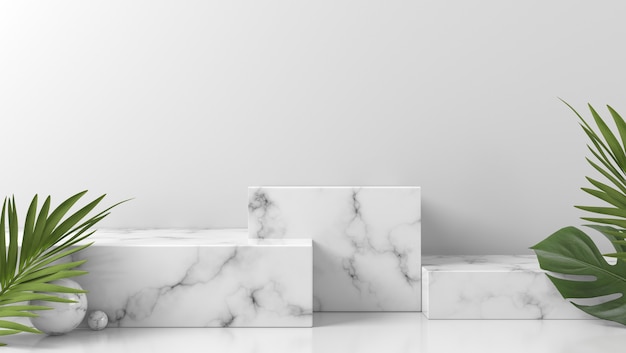 white marble podium showcase for product placement with leaves in white wall