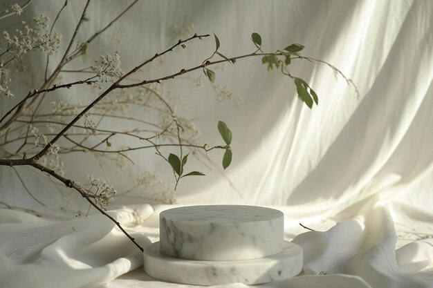 Photo white marble podium on a white fabric background with a branch of tree