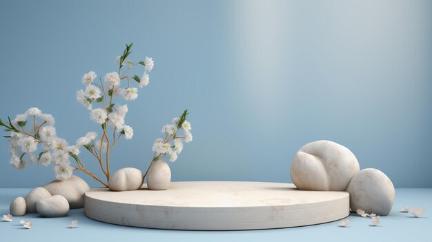 White marble podium and white flowers on blue background