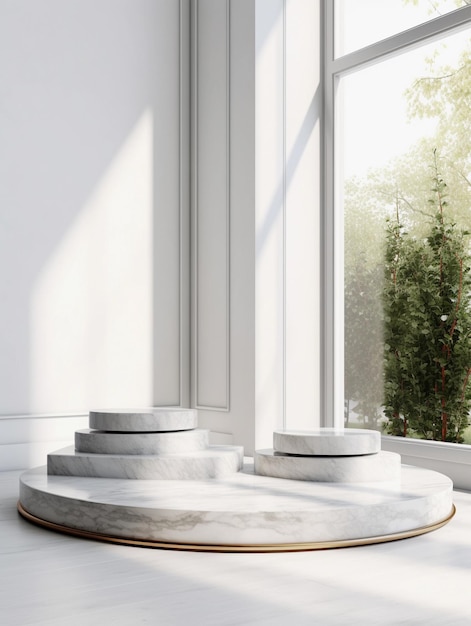 a white marble podium in a white room with a large window